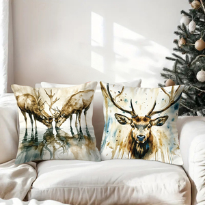 Sarung bantal rusa cat air dekorasi liburan meriah aksen ruang tamu yang nyaman - Product Image 3