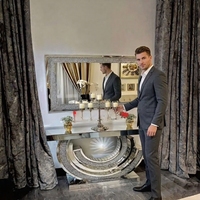 Console Moderne Miroir avec Piétement en Croissant, Panneau en MDF, Meuble d'Appoint Métallique pour Entrée, Couloir, Salon