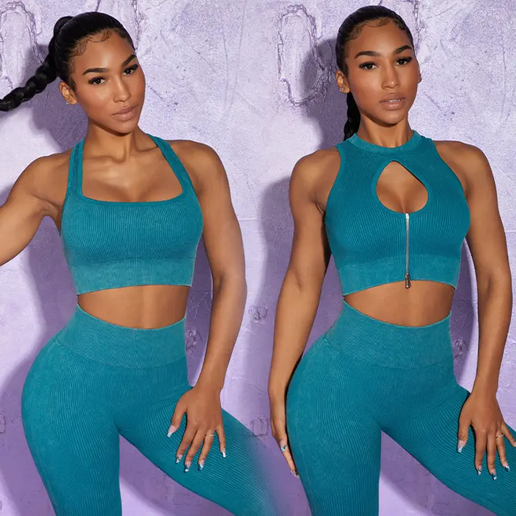 Wholesale Acid Washed Fitness Clothing Women Athletic Wear Sets Zip Top Ribbed Gym Sets Scrunch Butt Seamless Ribbed Workout Set