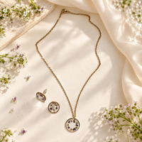 Nouvel ensemble de bijoux 2026 pour femme : collier et boucles d'oreilles en résine avec fleurs d'alyssum séchées naturelles, en acier inoxydable doré