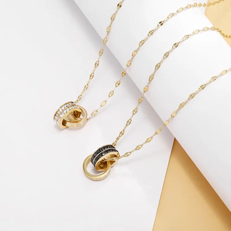 Korean version of titanium steel double ring Cubic Zircon necklace female gold Roman numerals 316L Stainless Steel necklace