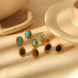 Pendientes de tuerca ovalados de turquesa, ónix negro y ojo de tigre, chapados en oro, con engaste de bisel de acero inoxidable, para mujer, joyería de moda. - Product Image 2