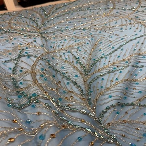 Premium Designer Beaded Embroidery <b>Fabric</b> with Crystal Lace Pattern for Wedding Dress Evening Gown Couture Garment Textile - Product Image 1