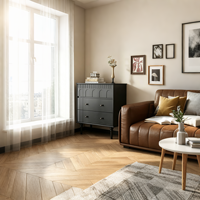Commode contemporaine à 5 tiroirs en pin massif avec plateau sculpté et pieds noirs – Rangement polyvalent pour chambre, salon, appartement