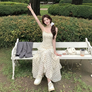 French Polka Dot Sundress Women Summer Ruffled A Line Long Skirt Spaghetti Strap Casual Dress Daily Wear Beach Travel - Product Image 1