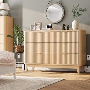 Toma de corriente de 6 cajones, cómoda estriada, cajones anchos de madera, <span class=keywords><strong>diseño</strong></span> de perfil curvo, AMPLITUD para armarios de TV y sala de estar - Product Image 1