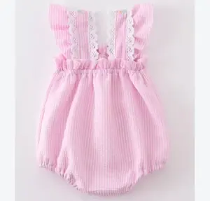 Pagliaccetti rosa per neonate con tutine ricamate senza maniche Seersucker da neonato