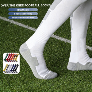 Chaussettes de <span class=keywords><strong>sport</strong></span> de football respirantes et absorbant les chocs, épaisses, avec semelle en tissu éponge, au-dessus du genou (logo personnalisé et tailles plus grandes disponibles) - Product Image 1