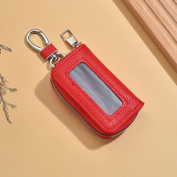 Étui pour clé de voiture en cuir PU grain litchi, fermeture éclair, fenêtre transparente rectangulaire, accessoires pour porte-clés de véhicule