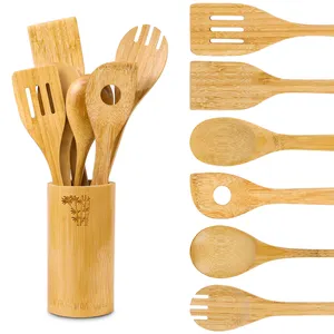 GL Bambus Küche 7PCS Werkzeugset Großhandel Zubehör Utensilien Set mit Gravur Logo und Halter