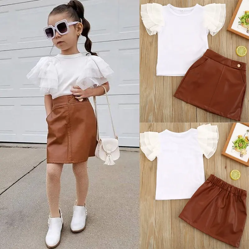 2021 Fashion 2Pcs Toddler Baby Girls Summer Clothes Sets White Lace Short Sleeve T Shirts Tops PU Leather Skirts Outfits