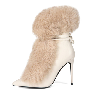 Women Stiletto Thin Heels Furry Short Boots Big Size 47 Back Lace up <b>Shoes</b> Dress Wide Fit Fluffy Fur Ankle Booties - Product Image 2