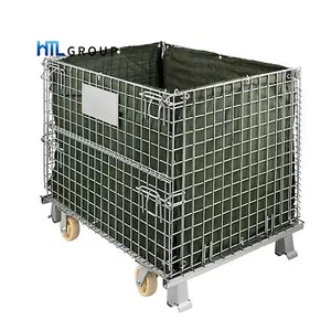 Galvanized wire mesh metal storage collapsible warehouse rolling welded container with 4 wheels