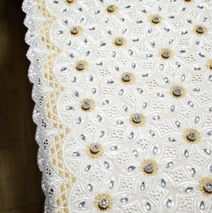 Ren lưới kiểu mới đính đá, vải cotton châu Phi màu hồng đỏ, ren voan thêu, họa tiết ren Thụy Sĩ, vải ren Guipure đính pha lê - Product Image 4