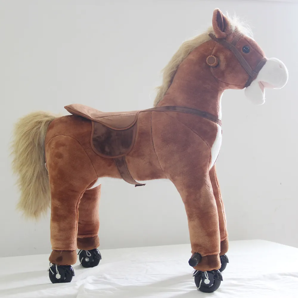 Cavalo de brinquedo mecânico para caminhada, cavalo recheado com rodas para crianças