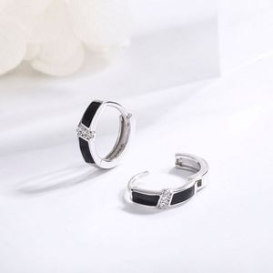 925 Sterling <b>Silver</b> Cute Rhodium Plated <b>Huggies</b> Round Design Black Hoop Earrings for Women Wedding Party Gift Jewelry - Product Image 4