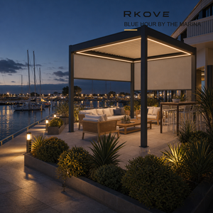 ศาลาหลังคาปรับได้ RKOVE RK-S3 ขนาด 7*7 เมตร ทำจากอลูมิเนียม พร้อมม่านม้วน 2 ชั้น และไฟ LED อุ่นๆ ระบบมอเตอร์  ศาลาหลังคาปรับได้สำหรับกลางแจ้ง - Product Image 1