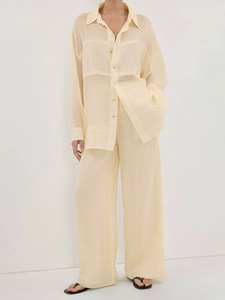 Custom <strong>2026</strong> Spring Women's <strong>Cotton</strong> Shirt &amp; Pants Set Long Sleeve Vacation Two Piece Outfit, OEM/ODM by China Factory 2 Piece Set - Product Image 5