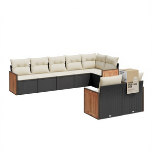 Ensemble de canapés de jardin en rotin noir 7 places, mobilier de patio extérieur moderne avec coussins crème et accents en bois - Product Image 1