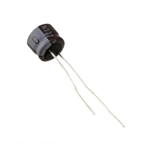Condensador de canal del fabricante, de orificio pasante, de aluminio, 47uF 20% 10V, radial TH, 47 uF UMF1A470MDD - Product Image 1