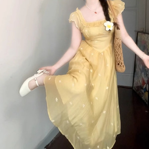 Yellow Floral Print Dress Fitted Waist <b>Square</b> Collar Breathable Splicing Leisure Casual Dress - Product Image 1