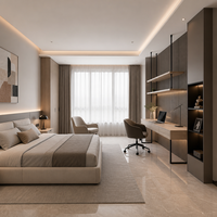 Bureau de chambre flottant en bois sur mesure avec étagères et 2 tiroirs, unité murale de luxe moderne pour l'extrémité de lit, suite de rangement LED