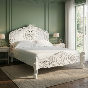 French Rococo White Painted Hand Carved Mahogany Wooden <b>Beds</b> - Product Image 3