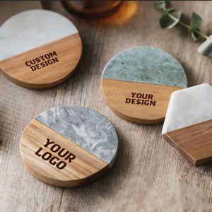 WSY810 <b>Coffee</b> <b>Table</b> Desk Acacia White <b>Black</b> Marble Wood Round <b>Square</b> Wooden Coaster for Drinks With Holder - Product Image 1