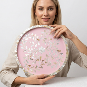 Handwoven Round MOP Rattan Serving <b>Tray</b> with Flower Mother of Pearl Inlay Decorative <b>Tray</b> for Coffee Table <b>Storage</b> <b>Trays</b> - Product Image 1