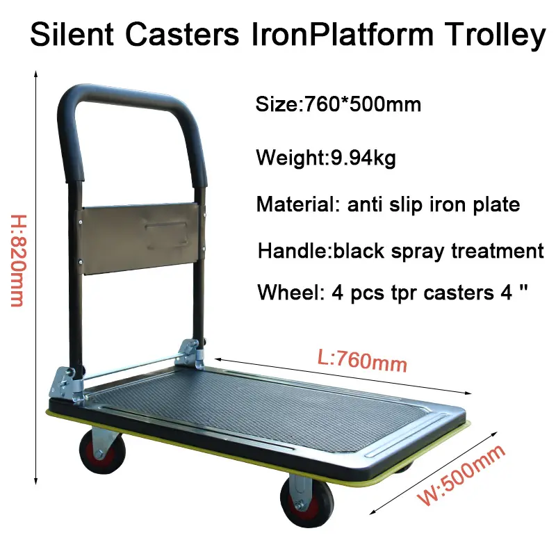 Black Heavy Duty Foldable Steel Warehouse Hand Platform Truck Trolley 300kg