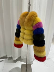 Giacca Corta in <span class=keywords><strong>Pelliccia</strong></span> di Volpe RX Furs <span class=keywords><strong>con</strong></span> Maniche Lunghe, Colletto Spesso, Cerniera a Più File, Multicolore, Stile Bubble - Product Image 6