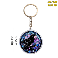 Porte-clés en acrylique Verre Teinté Corbeau Noir Silhouette de Corbeau sur Fond Mosaïque Violet et Bleu Double Face Breloque d'Art Gothique