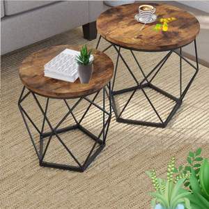 Rustic Brown Wood Top Coffee <b>Table</b> <b>Nesting</b> Side <b>Table</b> with Sturdy Metal Base for Bedroom & Living Room - Product Image 5
