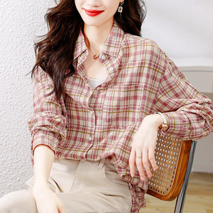 Chemise écossaise à carreaux pour <span class=keywords><strong>femme</strong></span>, manches longues, style rétro artistique, haut en coton pour le printemps et l'automne - Product Image 1