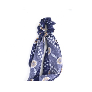 Korean style dark blue flower printout in spiral elastic RUBBER Hair gums - Product Image 2
