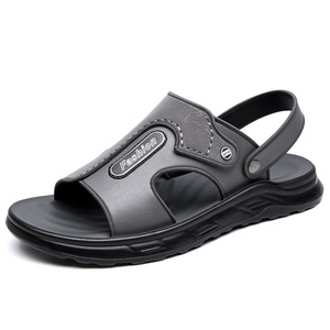Sandales décontractées d'été pour hommes en cuir véritable à bride en T, motif uni, doublure textile, bout ouvert, semelle extérieure en caoutchouc antidérapante - Product Image 5