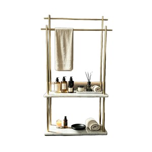Porte-serviettes en or brossé avec étagère en marbre pour rangement et organisation dans la salle de bain - Product Image 5
