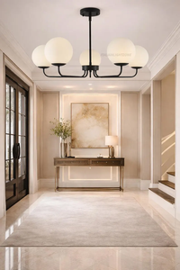 Elegant Mid Century Modern 5 <b>Light</b> Brass Sputnik Linear Chandelier With Frosted Glass Globe Shades Ceiling Pendant <b>Light</b> - Product Image 3