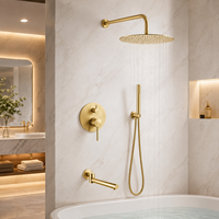 Ensemble de robinetterie de douche murale encastrée dorée, 3 fonctions, avec pommeau de pluie, douchette à main et bec de bain, pour hôtels (vente en gros)