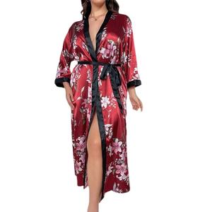 Pijamas de Satén Elegantes con Logotipo Personalizado, Talla Grande, Románticos, de Manga Larga, Cuello en V, Bata Floral para Dormir, Ropa de Dormir para Boda - Product Image 4