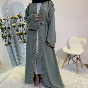 Vêtements islamiques Abaya de couleur menthe avec perles, Abaya musulmane pour femmes de Dubaï, Abaya à ouverture frontale ornée de perles - Product Image 3
