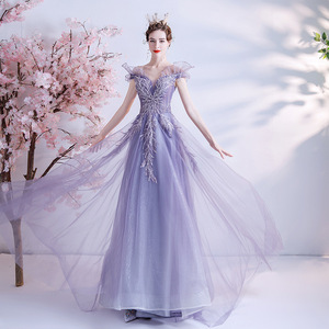 Purple Off Shoulder V Neck Wedding Evening Gown Empire Waistline Tulle Dress For Bride Banquet Party - Product Image 3