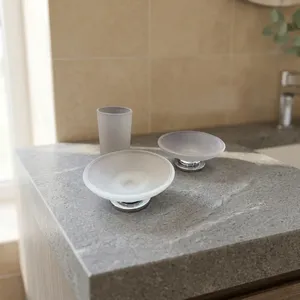 Three Piece Murano Glass Bathroom <b>Set</b> Made in Italy Includes Two <b>Soap</b> or Jewelry Dishes with Steel Base and Toothbrush Holder - Product Image 1