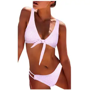 Benutzer definiertes Logo Klassische Damen Bikini Top Knoten Streifen Alt modisch Bikini Xxl Mädchen Rosa Bade bekleidung Dreieck V-Ausschnitt Bikini Top