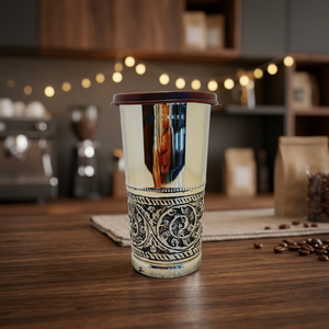 Gobelet de luxe en argent plaqué antique avec couvercle, 450 ml, motif floral en relief, verre à eau en métal, ensemble de vaisselle de luxe - Product Image 1