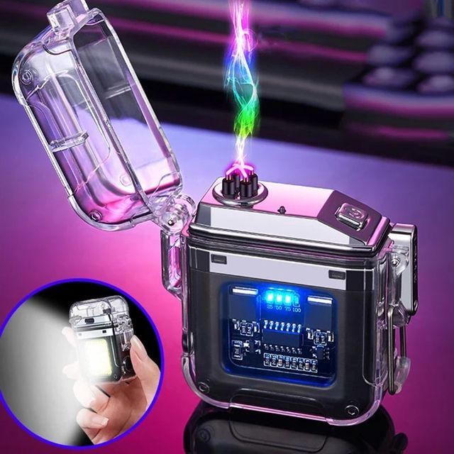 New Design Clear Waterproof Dual USB Rechargeable Arc Lighter LED Flashlight Outdoor Camping Electric Lighter Mini Flashlight