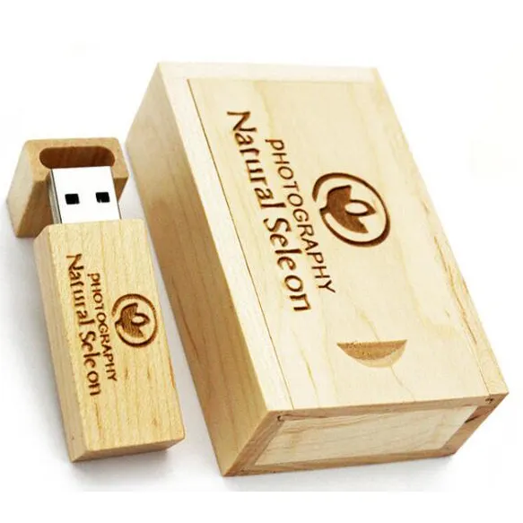 새겨진 로고 나무 펜 드라이브 박스 USB 2.0 메모리 스틱 플래시 USB 창조적 인 펜 드라이브 나무 USB 32Gb 64Gb 결혼 선물을위한 128Gb