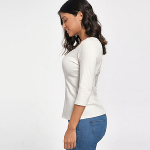 T-shirt moulant à manches trois-quarts en dentelle blanche pour femme, col rond, tricoté, décontracté, collection printemps-été - Product Image 3