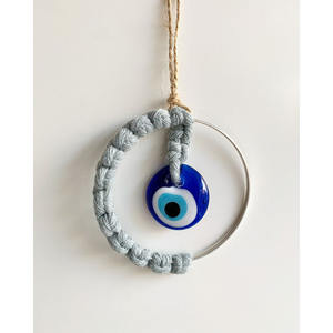 手織り綿糸アールデコ邪視除け青色ガラスアイハンガー-金属リング吊り下げ装飾品（ディワリ用） - Product Image 5