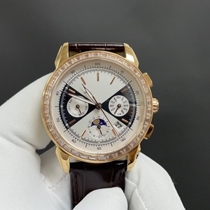 Luxury Rose Gold Chronograph Automatic <b>Watch</b> Men's Perpetual Calendar Moon Phase Wristwatch with Diamond Bezel and Leather Strap - Product Image 1